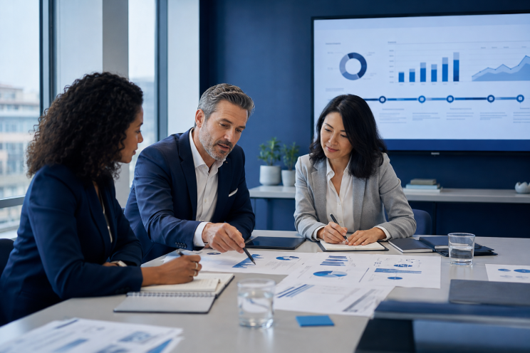 Boardroom team collaborating